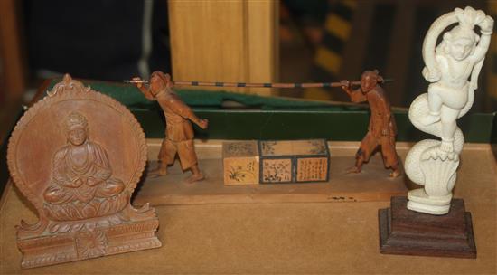 Indian ivory figures, figure of Buddha and wood group